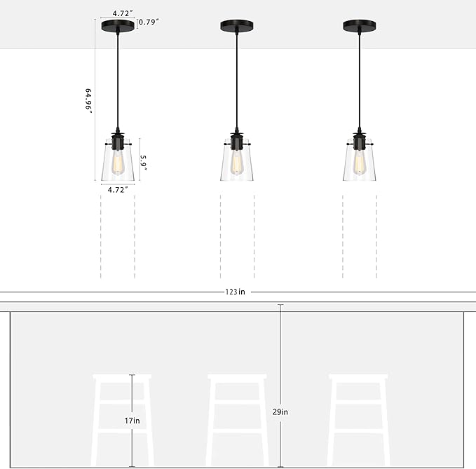 Pendant Lights Kitchen Island, Modern Industrial Pendant Light Fixtures with Glass Shade, E26 Socket Adjustable Cord for Dining Room, Bedroom, Living Room, Farmhouse Pendant Lighting 1Pcs