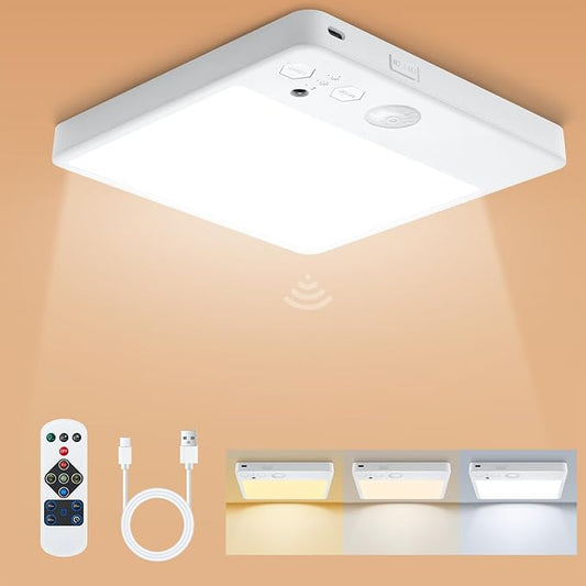Motion Sensor Closet Light, 8W 7000mAh Rechargeable Ceiling Light with Remote,3 Color Temperatures and Dimmable, Magnetic Mount LED Shower Light for Bathroom|Stairs| Hallway|Garage