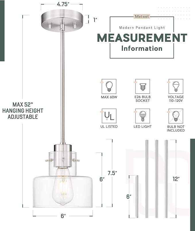 Brushed Nickel Pendant Lights Kitchen Island, 6" Pendant Light Fixtures Over Island with Clear Glass Shade, Modern Kitchen Island Lighting for Dining Room Entryway, PL124-BN-G-1PK