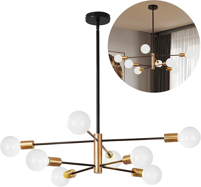 Sheetea 8-Light Sputnik Chandelier, Black and Gold Chandeliers Pendant Lighting, Modern Farmhouse Dinning Room Light Fixture Mid Century Brass, Height Adjustable for Living Room Kitchen Island