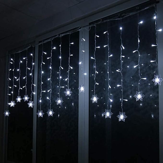 LED Curtain Lights,19ft/6M 96 LED Snowflake Curtain String Lights Plug-in Memory Window Curtain Lights with 8 Modes Decoration for Christmas, Wedding, Party,Wall, Home Decorations (White)