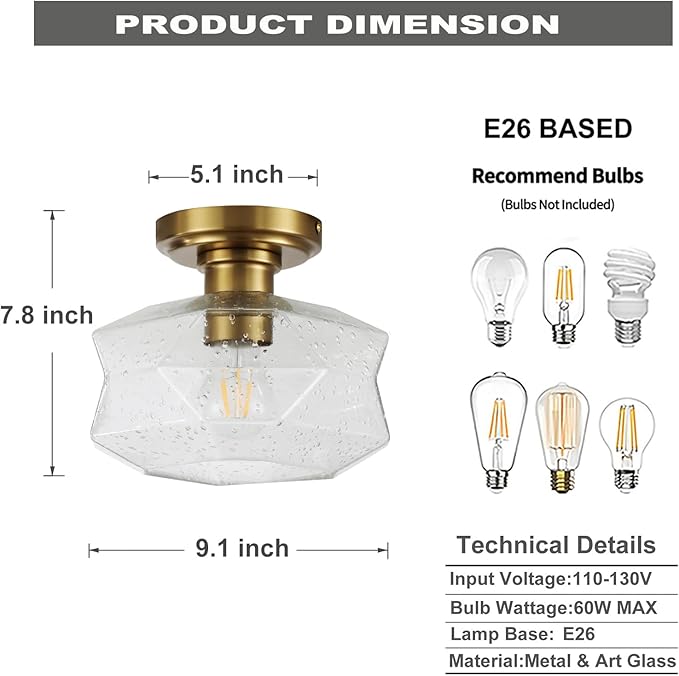 Industrial Semi Flush Mount Ceiling Light, 9 inch Vintage Farmhouse Light Fixture with Seeded Glass Shade, Brushed Brass Canopy for Kitchen, Bathroom, Hallway, Corridor, Passway, Bedroom