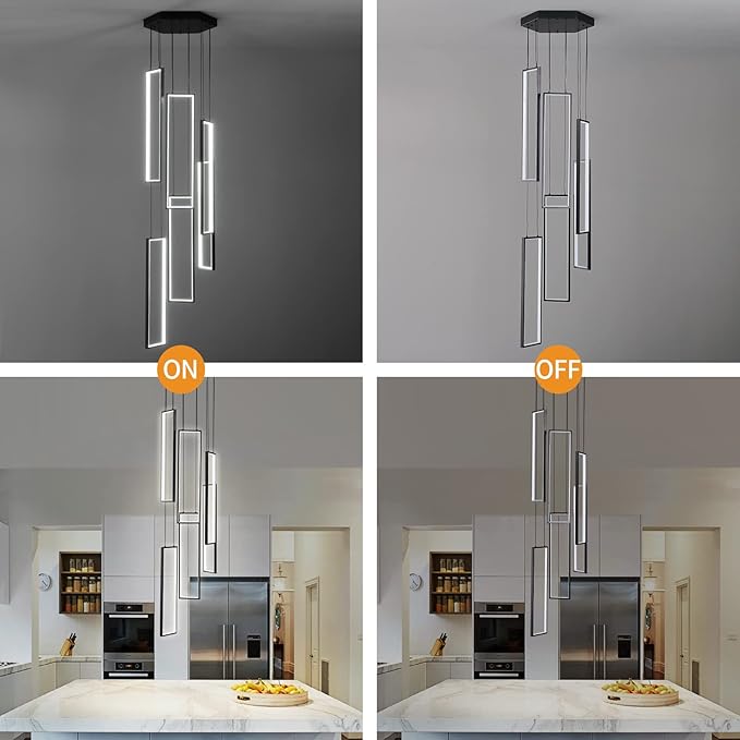 Modern Kitchen Island Dimmable Pendant Light Fixture - Black 108W LED Pendant Lights 6 Rings Rectangular Chandelier for Staircase, Large Ceiling, Lobby, Living Room, Foyer
