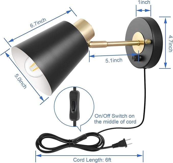 VATONI Wall Sconce Plug in, Dimmable Wall Sconces Adjustable Wall Lights with Plug in Cord and Dimmer On/Off Rotary Switch, Wall Mounted Light for Bedside Bedroom LivingRoom(2 Bulbs Included)