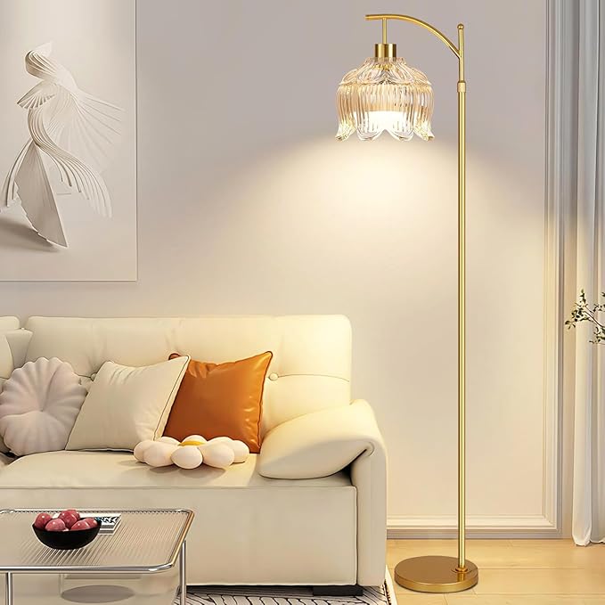 QIYIZM Floor Lamp for Living Room,Bedroom,Gold Dimmable Standing Lamp with Remote,Mid Century Modern Brass Tall Lamp Boho Floor Lamps Arc Stained Glass Tulip Flower Floor Light Lamp Girls Bohemian