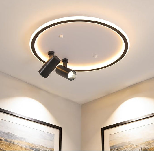 Modern LED Bedroom Ceiling Light, 2 Adjustable Spotlights, Dimmable Round Close to Ceiling Lamp, Black White Minimalist Lighting for Living Room Bedroom Kitchen Dining Room