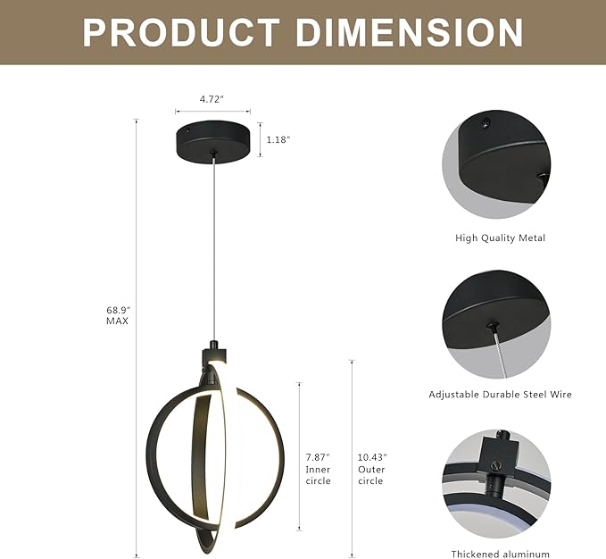 Modern LED Chandelier Black Ring Pendant Light Fixtures 4000K Dimmable Height Adjustable Pendant Lighting for Dining Room Kitchen Island Bedroom Living Room Foyer（1-Pack）