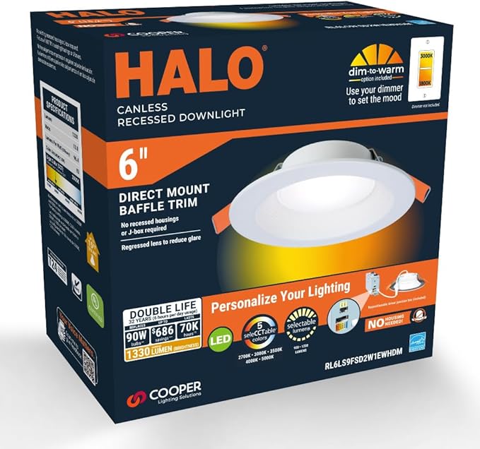 HALO RL 6 in Indoor/Outdoor Canless LED Recessed Ceiling Light with Selectable Color Temperature 600 Lumens Wet Location Dimmable IC-Rated Downlight - RL6069FSD2W1EWHDM