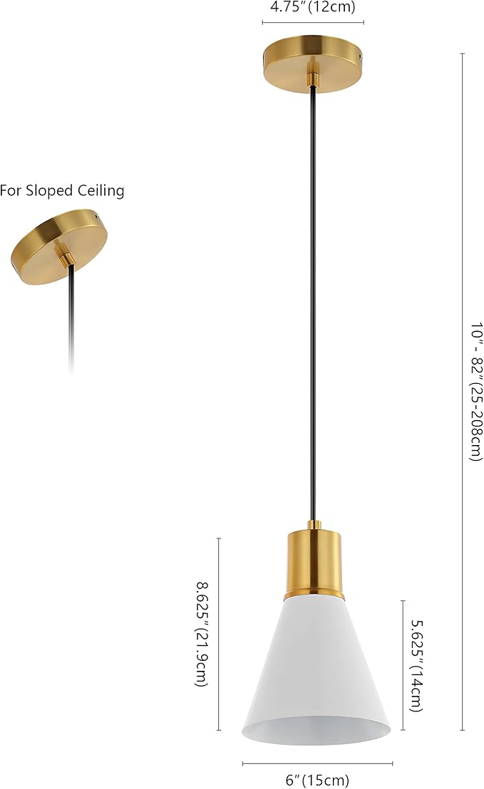 JONATHAN Y 6" White/Brass Gold 1-Light Apollo Mid-Century Modern Iron LED Pendant, Black Metal Shade, Adjustable Hanging Ceiling Light for Kitchen Island, Hallway, LED Bulb Included (JYL6131B)