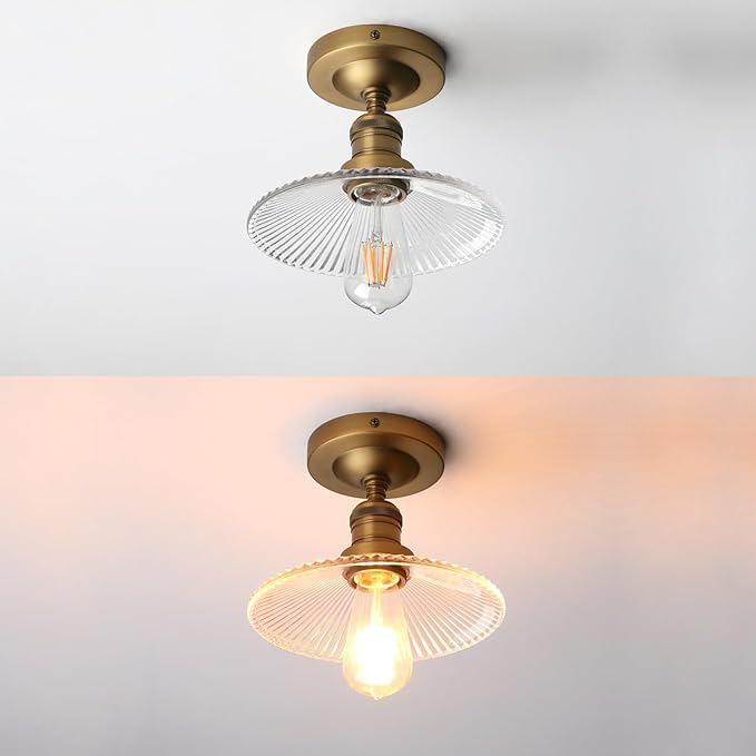 Industrial Semi Flush Mount Ceiling Light, Clear Striped Glass Lamp Shade Pendant Light Fixture, 1-Light Close to Ceiling Light Fixture for Hallway, Entryway, Kitchen, Bedroom
