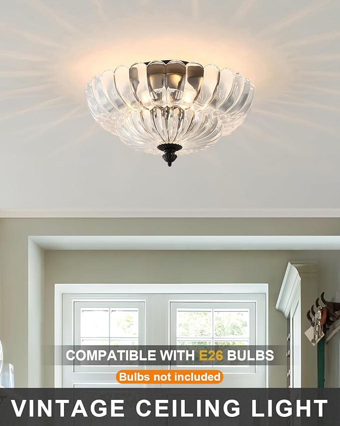 ANYLOVE Modern 12Inch Clear Glass Flower Glass Semi Flush Mount Ceiling Light, 3 Light for Living Room Bedroom Hallway Entryway Foyer