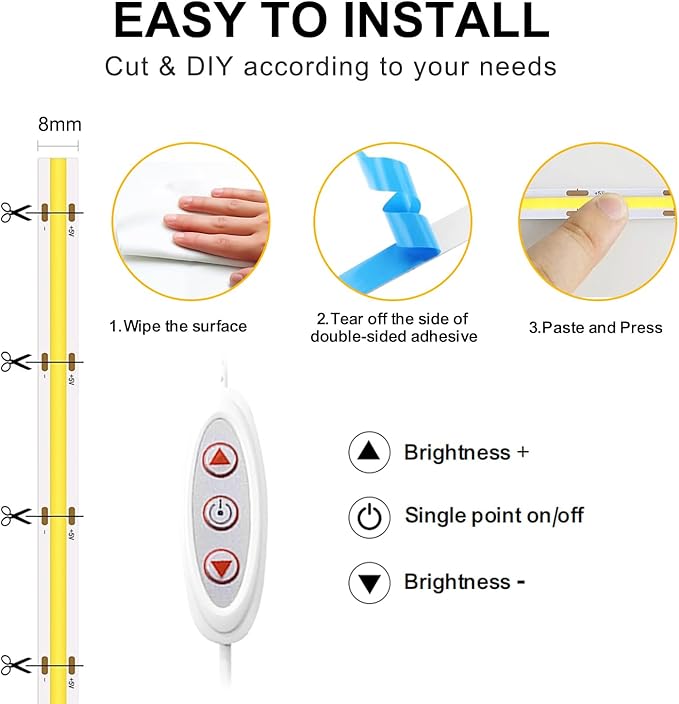 3.3FT COB LED Strip Lights，5V USB Powered LED Tape Lights 8mm Width with App Control，6000K Dimmable Cold White Flexible Light Strip TV Backlight for Bedroom Shelf Under Cabinet Kitchen DIY