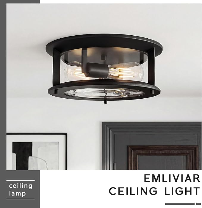 Emliviar 12.6" Farmhouse Flush Mount Ceiling Light, 2-Light Modern Close to Ceiling Light Fixture for Kitchen, Hallway Mounted Lantern with Clear Glass, Black Finish, YE19108-F1 BK