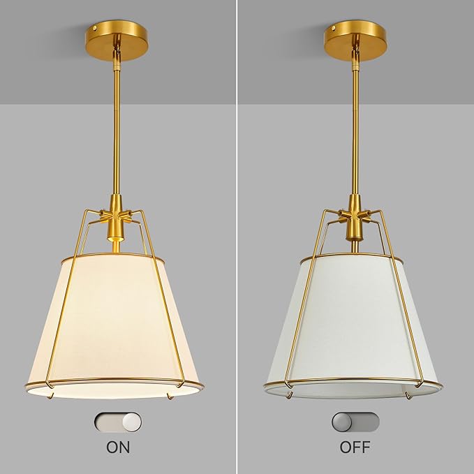 Modern Pendant Light Fixtures with 13" Off-White Linen Fabric Shade, Adjustable Hanging Light Fixture,Drum Gold Vintage Chandelier for Kitchen Island Bedroom Dining Room Foyer Entryway