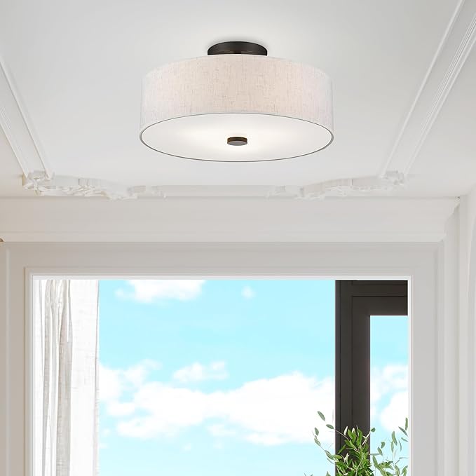 Livex Lighting 52135-92 Meridian Collection 3-Light Semi Flush Mount Ceiling Fixture with Oatmeal Color Fabric Hardback Drum Shade and Satin White Diffuser, English Bronze