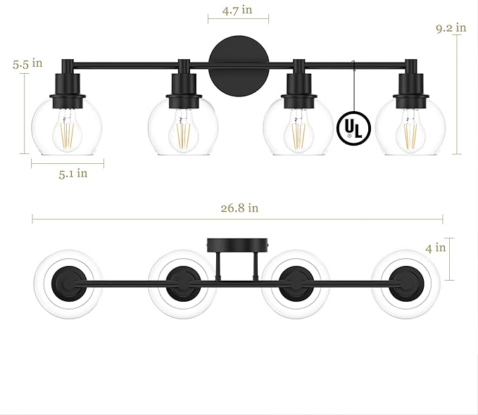 Espird 4 Lights Bathroom Vanity Light Fixtures Black, Bathroom Lights Over Mirror, Industrial and Farmhouse 4 Lights Wall Sconce, Matte Black Globe Vanity Lighting Fixtures