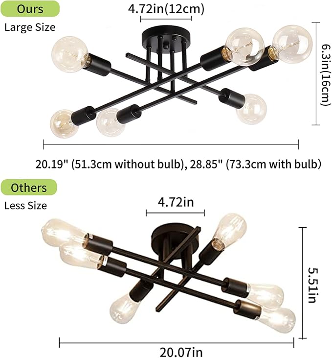 6-Lights Semi Flush Mount Modern Ceiling Light Fixture, Industrial Ceiling Light, Black Vintage Metal Sputnik Chandelier, Farmhouse Lighting for Kitchen Dining Room Living Room Bedroom