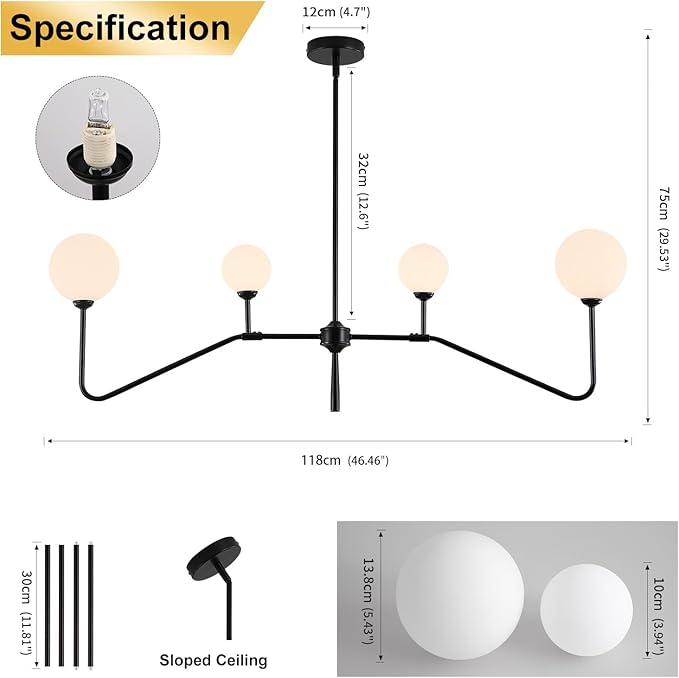 Black Linear Kitchen Light Fixture, 4-Light Globe Glass Pendant Light with Matte Black Metal Frame & Milk White Glass Shades, Adjustable Height Chandelier for Dining Room Kitchen Island
