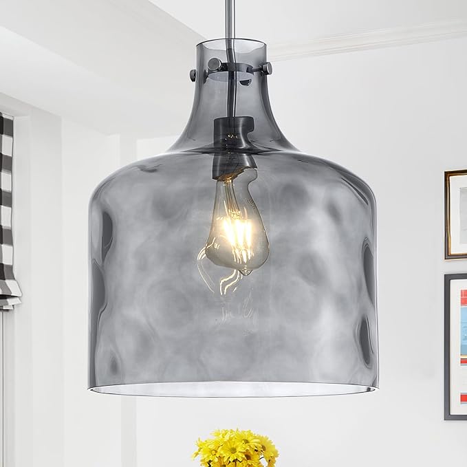 Farmhouse Pendant Light – Hand-Blown Smoked Gray Hammered Glass Shade, Polished Chrome Finish, E26 Socket, Adjustable Chain Hanging Fixture for Kitchen Island, Dining Room & Hallway, 15" H x 12" D