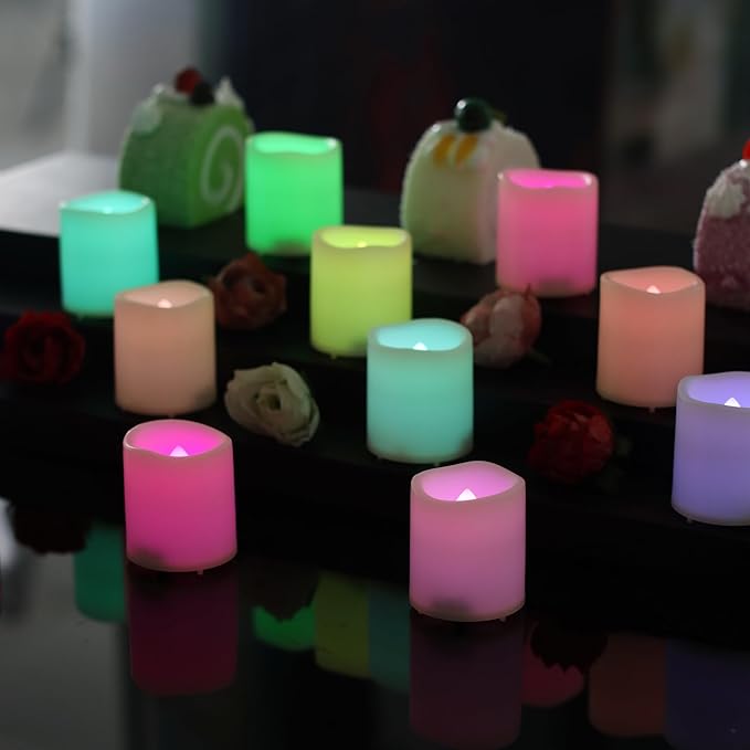 12 Pack Color Changing Flameless Votive Candles Multicolor Flickering Electric Fake Candles LED Battery Operated Tea Lights for Home Wedding Decor Party Halloween Christmas Decorations