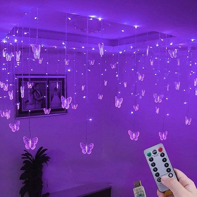 Lainin 12ft USB-Powered Butterfly Fairy Icicle Lights Curtain Night Light with 8 Unique Modes - Perfect for Indoor/Outdoor Parties, Weddings, Christmas & Room Decor - Purple
