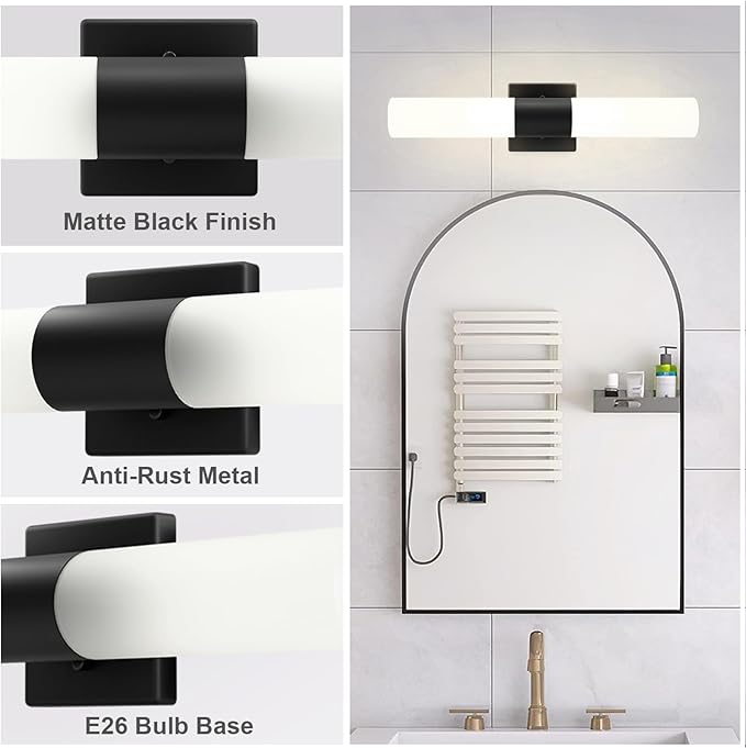 Kalium Bathroom Wall Sconces Set of Two, 21 Inch Modern Vanity Lights with Frosted Glass Shade, Bathrooms Vanity Lighting Fixtures for Mirror Bedroom Living Room Hallway (Black)