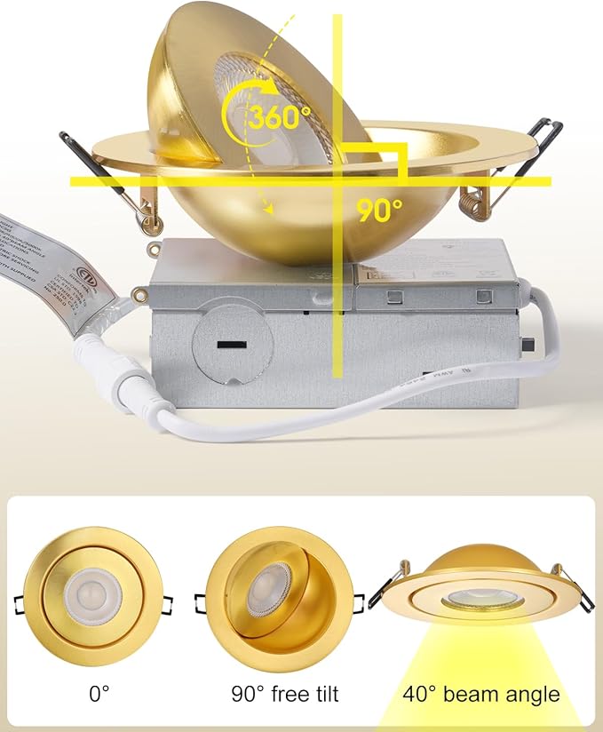 POPANU 4 inch LED Recessed Light - 9W Gold Gimbal Recessed Lighting Canless Soffit Swivel Eyeball 90° Tilt Wafer Slope Ceiling Adjustable Spotlight Dimmable for Accent Lighting Gold 6 Pack