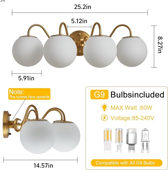 4 Lights Vintage Bathroom Vanity Light Fixtures Over Mirror, Brushed Gold Vanity Lights For Bathroom With Milk White Glass Globe Shade, Wall Lights For Bedroom, Hallway, Dressing Table(G9 Incl.)