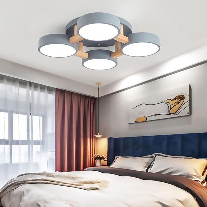 LED Ceiling Light Fixture,20 Inch 4-Lights Modern Ceiling Lights Flush Mount Wooden 44W Chandelier for Living Room Bedroom Kitchen,Dimmable 3000K/4000K/6000K Temperatures Selectable, Grey