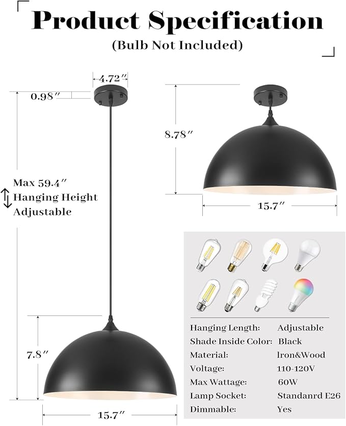 Large Pendant Lights Kitchen Island, 16 Inch Black and White Dome Pendant Light, Black Farmhouse Pendant Light, Large Industrial Pendant Lights for Kitchen Island, Dining Room, Cafe, 2 Pack