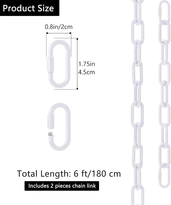 garini 6 Feet Industrial White Light Fixture Chain, Adjustable Metal Pendant Chandelier Chain Extension with Detachable Link, Maximum Load is 66 Pounds,2 Pack