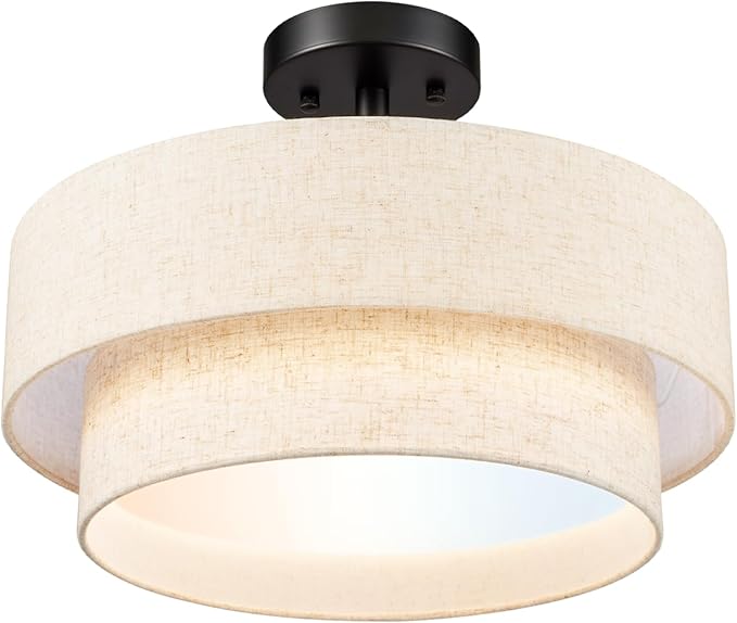 Hamilyeah Semi Flush Mount Ceiling Light Fixture 15 inch, 24W LED Ceiling Light with Double Layer Fabric Shade, Dimmable Drum Light Fixtures Ceiling Semi Flush Mount 5CCT for Kitchen, Living Room