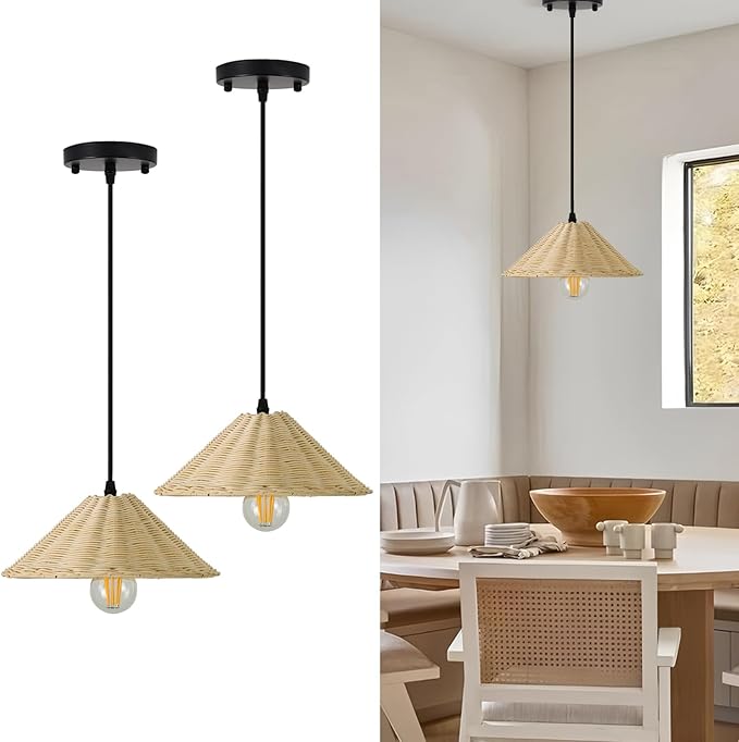 TERLEENART Hard Wired Rattan Pendant Lights Set of 2,Farmhouse Coastal Woven Wicker Ceiling Light with 10.65” Cone Shade, Boho Wired Mounted Hanging Chandelier for Bedroom Dining Room Kitchen Island