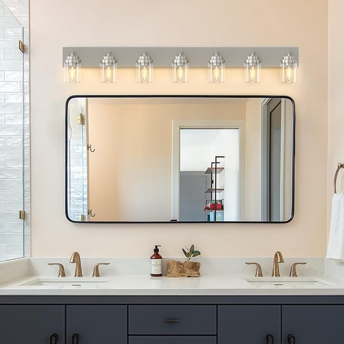 IZORRO Bathroom Vanity Light Fixture, 7-Light 52 inch Brushed Nickel Bathroom Light Fixtures Over Mirror, with Clear Glass Shade, Modern Farmhouse Vanity Lights, Rustic Restroom Lighting Fixtures