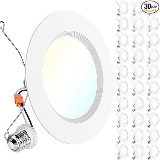 Sunco 30 Pack 6 Inch LED Recessed Light Retrofit, Can Lights for Ceiling, 1700 LM High Brightness, Selectable CCT 2700K/3000K/4000K/5000K/6000K, 17W=120W, Dimmable, Baffle Trim, Damp Rated UL