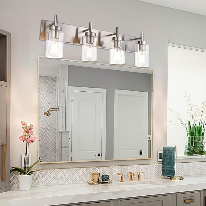 VINLUZ 4 Lights Bathroom Vanity Light Fixture Brushed Nickel Sconces Wall Lighting Modern Industrial Indoor Wall Mounted Lamp for Kitchen Dining Room (Patent No.: US D958,438 S)