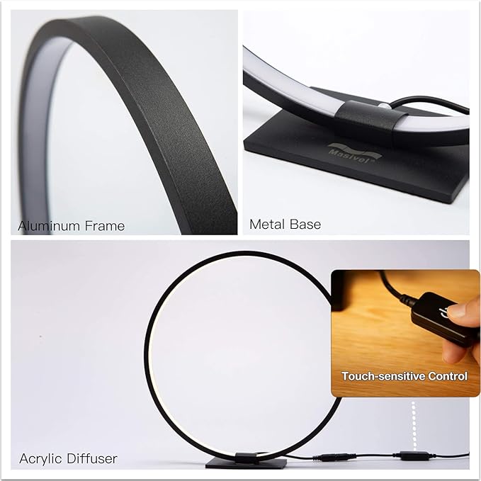 Modern Circle Table Lamp LED Warm Light Nightstand Lamp Black Bedroom Lamp with Dimmable Touch Control for Reading Bedroom and Office, 12W 3000K