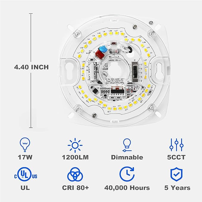 2 Packs 4" Round Dimmable LED Light Engine, CCT Selectable 2700K–5000K, 17W 120V, 80CRI, TRIAC Dimming, 4" PCB (5.39" Overall), Retrofit Kit for Ceiling Light Fixtures