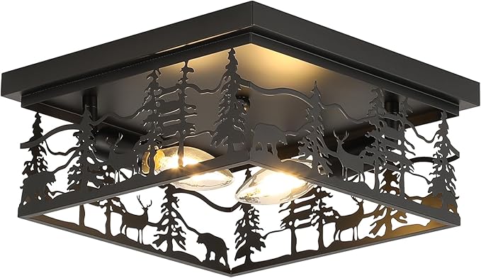 Rustic Industrial Flush Mount Ceiling Light, 11" Black Metal Cabin Design E12 Square Ceiling Light Fixture, for Kitchen, Foyer, Bedroom Farmhouse Lighting (Bulbs Not Included)