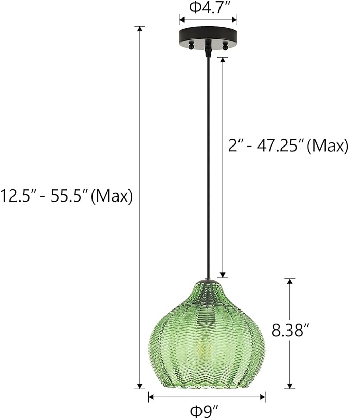 VILUXY Vintage Pendant Lights Glass Green Hanging Light Fixture for Dining Room 1-Light Globe Pendant Lighting Hand-Blown Glass Ceiling Light Adjustable for Kitchen Island Bedroom Hallway