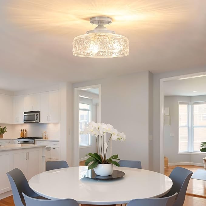 Brushed Nickel Semi Flush Mount Ceiling Light, 3-Light Close to Ceiling Light, Flush Mount Ceiling Lighting with Globe Glass, Farmhouse Closet Fixtures for Hallway Bedroom Entryway Kitchen Porch,E12
