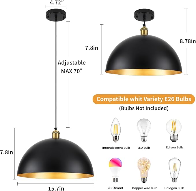 Black Vintage Pendant Light 16 Inch, Large Dome Pendant Lights Kitchen Island Adjustable Height Industrial Pendant Light Fixtures for Kitchen Dining Room Bedroom 2 Pack