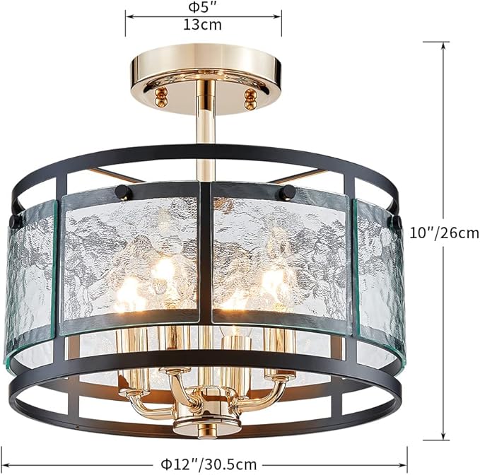 AGV LIGHTING Ceiling Light Fixture, Semi Flush Ceiling Light, 4-Lights, Hazy GlassMatte Black & Shine Gold Finish, D12 x H8 inch