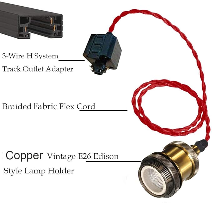 Kiven Set of 2 H Type Track Lighting Mini Pendant Brass Finish with 7 inch Red Twisted Cord and a Black H-Type Track Connection