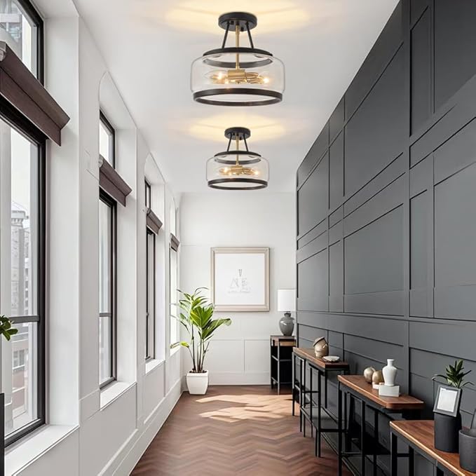 3-Light Semi Flush Mount Ceiling Light Modern Glass Drum Entryway Chandelier Black and Gold Hallway Lights Kitchen Ceiling Lighting Fixtures for Bedroom Foyer Laundry Bathroom Dining Room