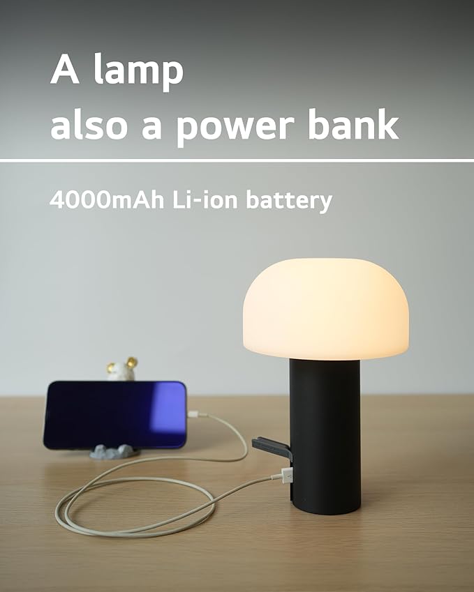 WEILAILUX Cordless Mushroom Table Lamp, Waterproof Shower Lamp, Battery Operated Table Lamp Rechargeable, Touch Dimmable Night Light for Bedroom/Patio/Camping/Dinning/Outdoor (Black)