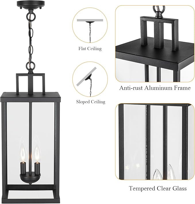 21'' Outdoor Pendant Lantern, 2-Light Modern Black Exterior Chandelier with Clear Glass, Hanging Porch Light for Patio, Yard, Foyer