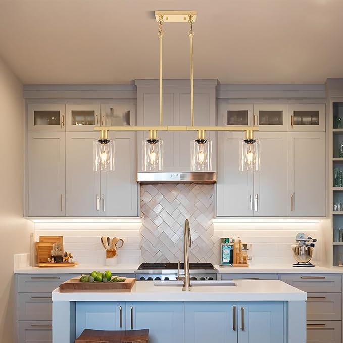 4-Light Kitchen Island Lighting, Gold Dining Room Light Fixtures over Table, Island Lights with Glass Shade, Farmhouse Pendant Lights Kitchen Chandelier for Restaurant Bar, Height Adjustable