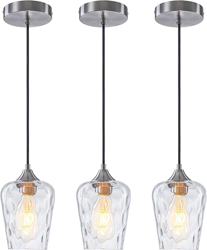 3 Pack 5.1" Kitchen Pendant Lights, Small Brushed Nickel Hammered Glass Pendant Light Fixtures, Mini Modern Pendant Lights Kitchen Island Lighting for Dining Room Over Sink
