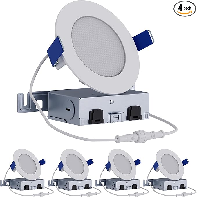HALO HLB 4 inch LED Recessed Ceiling Light Canless Dimmable with Selectable Lumens and Selectable Color 27/30/35/40/5000K 4-Pack Wet Location Indoor Outdoor Soffit Lighting HLB4LSFS5-4PK